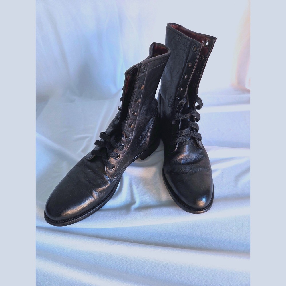 vintage Justin Black Leather Lace Up Roper Boots Size 7 Womens